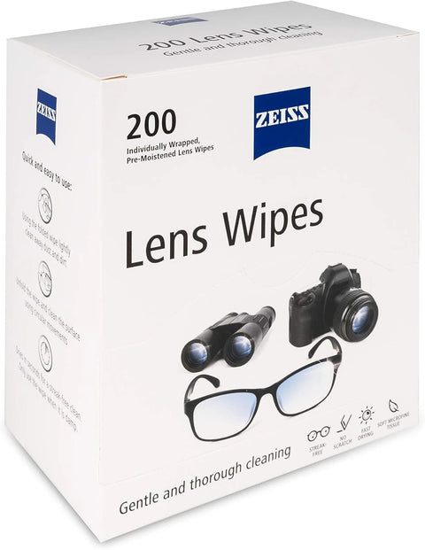 Front view of ZEISS Lens Wipes box, 200 count, pre-moistened lens cleaning wipes