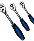 Three Piece Ratchet Set With One Quarter Inch, Three Eighth Inch, And One Half Inch Drive Sockets, Soft Grip Handles