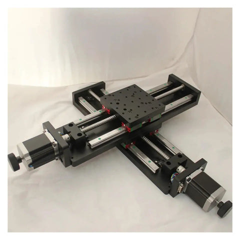 Top Shelf Precision Motorized Rotary Positioning Stage Featuring Slick Electric Linear Slide And Smooth Riding Worm Gear Drive For Heavy Duty Optics Setup Includes NT102TA500M Cross Module Rail System, viewed from above.