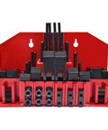 1/2 Inch T-Slot Clamping Kit, 58-Piece Milling Machine Fixture Set With Nuts, Bolts, Horns And Gauges displayed on red background