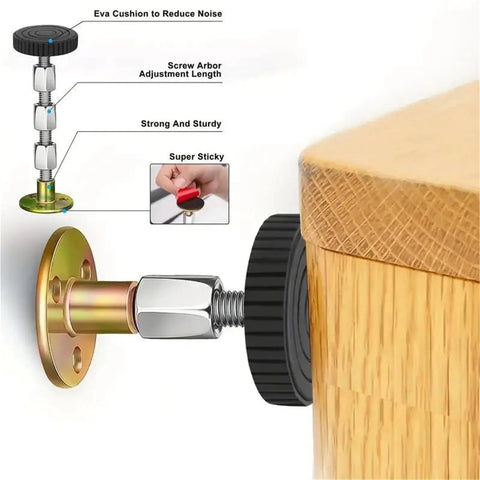 Adjustable Furniture Feet 12 Pack Self Adhesive Metal Leg Pads With Telescoping Posts Stabilizers shown attached to wood surface
