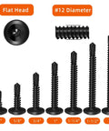 Size Twelve Hex Socket Self Tapping Screws Three Quarter Inch Stainless Steel 410 Sheet Metal Flat Head Black Oxide Finish Fifty Pack Built For Wood Metal And Other Tough Jobs shown in various lengths.