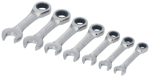 7-Piece Metric Stubby Ratchet Wrench Set With 12 Point Box End For Quick Engagement, 72-Tooth Ratcheting, 15 Degree Offset