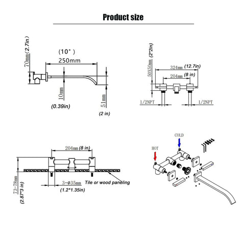 Technical diagram of Matte Black Wall Mount Bathtub Filler With High Flow And Extra Long Reach Dual Handle Bath Filler Faucet