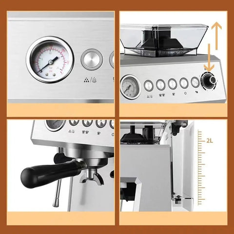 Close-up of Three-In-One Espresso Machine With Built-In Steel Conical Grinder, Auto Brew, And Milk Frother controls and dispenser