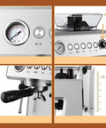 Automatic Home Coffee Machine With Built In Grinder And Steam Milk Frother showing details of controls and coffee spout