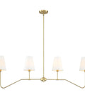 Four Light Gold Linear Kitchen Island Pendant Fixture with Brushed Bronze Accents and White Linen Shades, Modern Chandelier View