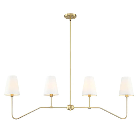 Four Light Gold Linear Kitchen Island Pendant Fixture with Brushed Bronze Accents and White Linen Shades, Modern Chandelier View