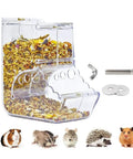 Clear Acrylic Hamster Pellet Feeder With Secure Cage Mount And Scatter Control Baffle, filled with kibble, easy pet meal prep.