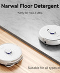 Robot Vacuum And Mop Floor Detergent Compatible With Freo Z Ultra, Freo Z10 Ultra, And Freo Z10 in use on wood and marble floors.