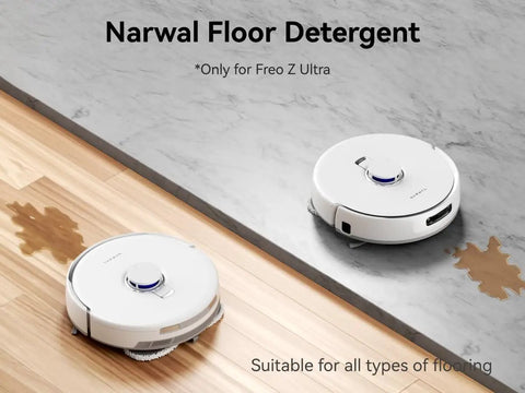 Robot Vacuum And Mop Floor Detergent Compatible With Freo Z Ultra, Freo Z10 Ultra, And Freo Z10 in use on wood and marble floors.