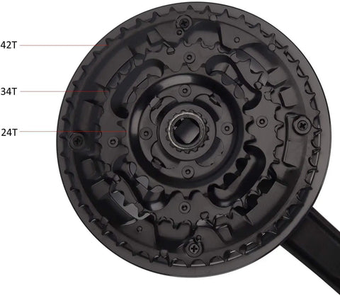 Close-up of the Triple Chainring Crankset 24T 34T 42T 170mm Aluminum 6061 T6 Crank Arms With Iron Chainrings 104mm BCD