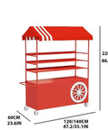 Kickass Rolling Cart With Red Striped Canopy And Wide Iron Top Heavy Duty Portable Vendor Stand On Smooth Casters With Lower Shelf, 220cm tall.