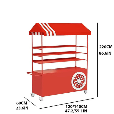 Kickass Rolling Cart With Red Striped Canopy And Wide Iron Top Heavy Duty Portable Vendor Stand On Smooth Casters With Lower Shelf, 220cm tall.