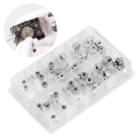 60Pcs Stainless Steel Watch Crown Set With Chrono Pushers And Lever Extenders for repairs in a clear plastic box