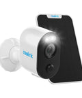 Outdoor Security Camera With Solar Panel No Hub Needed 2K Resolution Battery Powered Wireless Color Night Vision With Spotlight Two Way Talk Live View Built In Siren Argus 3 Solar Kit, showing front view and solar panel attachment.