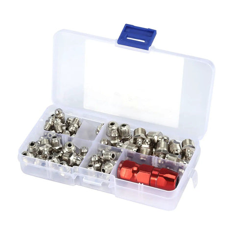 60 Piece Grease Nipple Fitting Kit Built From Metal Lubrication Parts Pro Grade Rust Proof Zerks in a plastic case