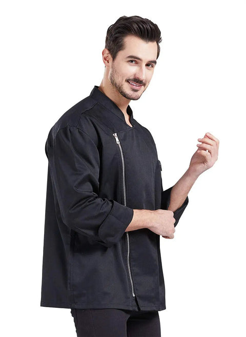 Professional Black Long Sleeve Chef Jacket With Rugged Zipper Closure And Ultra Breathable Kitchen Cook Uniform Engineered For The Daily Hustle Featuring Soft Comfy Fabric And Smart Pockets on a model.