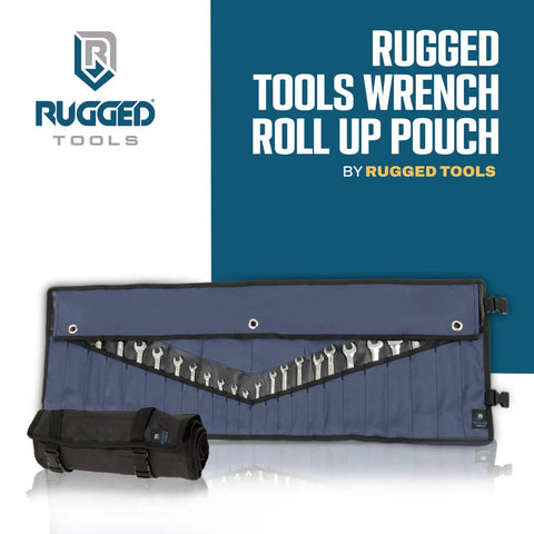 Roll Up Wrench Organizer With 24 Slots And Built In SAE And Metric Labels tool bag displayed open with wrenches