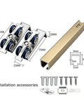 Concealed track sliding door kit delivers near silent, smooth operation with one-piece alloy rollers, shown with hardware.