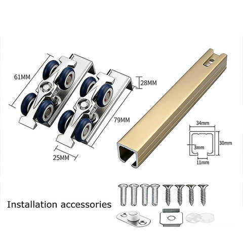 Concealed track sliding door kit delivers near silent, smooth operation with one-piece alloy rollers, shown with hardware.