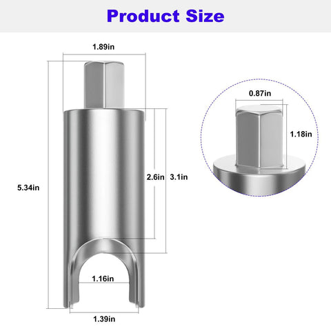 RV water heater pressure-relief valve remover; stainless steel, front view, 5.34in tall, 1.89in wide, U-shaped notch.