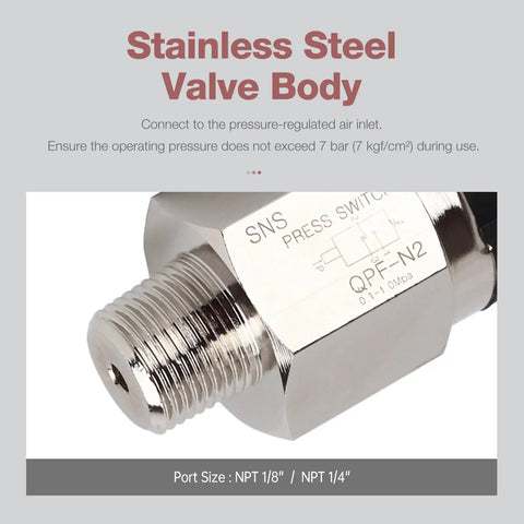 1/4 Inch NPT Pneumatic Adjustable Diaphragm Pressure Switch Integrated Normally Open And Closed, QPF N2, Stainless Steel Body