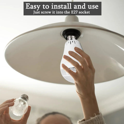Hand installing 1080P Full HD Light Bulb Camera With 360 Degree View 32GB SD Card Included 2.4GHz WiFi Night Vision Motion Detection