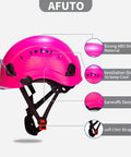 Diagram of a pink womens lightweight hard hat with 6 point suspension ANSI Z89.1 approved ABS helmet, goggles, decals