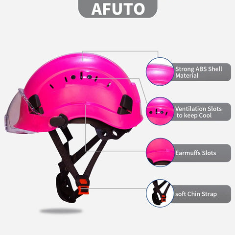 Diagram of a pink womens lightweight hard hat with 6 point suspension ANSI Z89.1 approved ABS helmet, goggles, decals