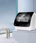 Compact Countertop Dishwasher Fully Automatic Mini Kitchen Game Changer High Temp Wash Cycle Triple Filter System Top Loading design in stylish white.