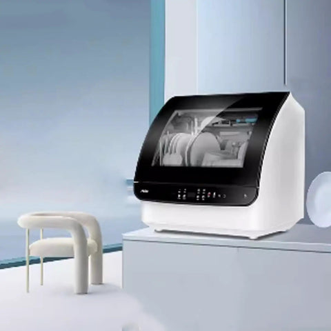 Compact Countertop Dishwasher Fully Automatic Mini Kitchen Game Changer High Temp Wash Cycle Triple Filter System Top Loading design in stylish white.