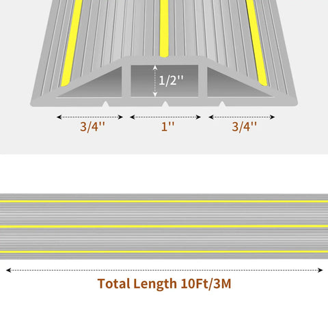 Cross-section of Heavy Duty Ten Foot Floor Cord Cover with 3-channel design and dimensions, grey PVC cable protector.
