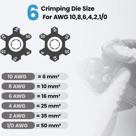 All In One Battery Cable Lug Crimper Kit With Heavy Duty Wire Cutter And Heat Shrink Tubing Includes 60 Copper Lugs For Sizes From AWG 10 Up To One Zero Gauge Ideal For Golf Carts Boats Solar Panels And Any Vehicle Wiring, featuring crimping die sizes for AWG 10, 8, 6, 4, 2, 1/0