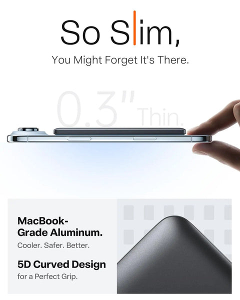 Slim profile of the Straight Up Top Shelf MagSafe Power Bank With Hella Fast 18W Charging, showcasing its lightweight design and aluminum finish.