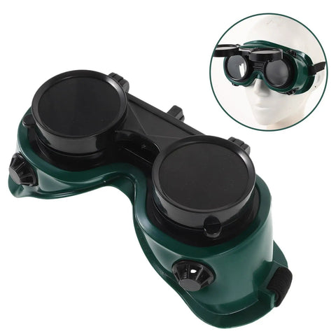 Kickass Dual Flip Up Welding Goggles Built Tough As Nails With Impact Resistance Square Vents For Heavy Duty Industrial Eye Protection Dustproof Shield Two Pack Safety Specs, green frame, flip lenses.