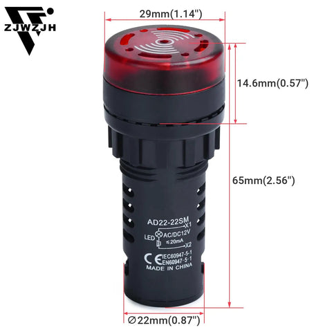 22mm Piezo Buzzer With Red Indicator Light 12V DC AC LED 7/8 Inch Mount Intermittent Beep Alarm Flash Signal For Electrical Control