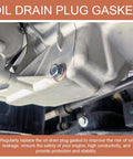 Close-up of installed 15 Pack 14mm Copper Oil Drain Plug Gaskets, Copper Crush Washers For Auto Seals under engine