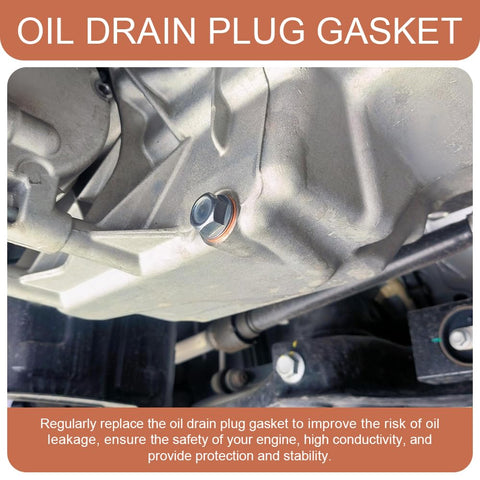 Close-up of installed 15 Pack 14mm Copper Oil Drain Plug Gaskets, Copper Crush Washers For Auto Seals under engine