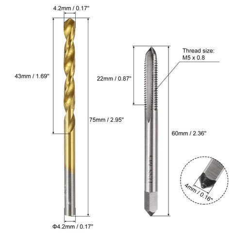 Pro Grade Metric Tap And Drill Bit Set For DIY Projects, M5 X 0.8 Right Hand Taps And 4.2mm Titanium Coated HSS Drill Bits