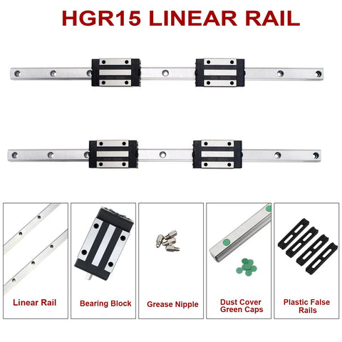 Two 200mm Linear Rails With Four HGH15CA Carriage Blocks And HGR15 Guide Rails CNC Kit showing components for precise motion