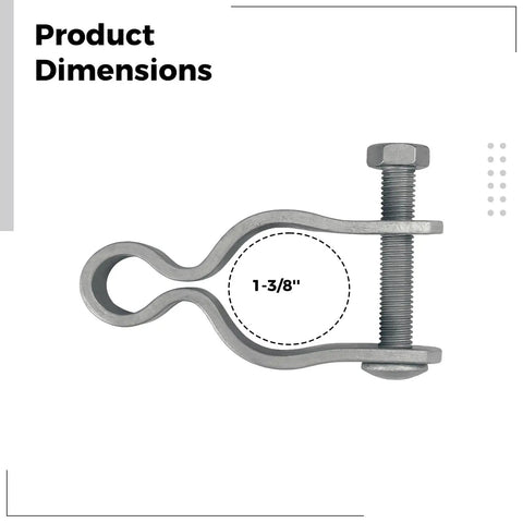 Two Pack Chain Link Fence Hinge Set in Silver Galvanized Steel showing 1.38 Inch OD dimensions with bolt.