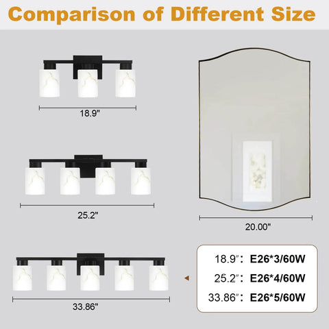Size comparison of Five Light Modern Vanity Light Fixture In Black Metal With White Marble Glass E26 Base Sleek Minimalist Bathroom Vanity Wall Lamp.