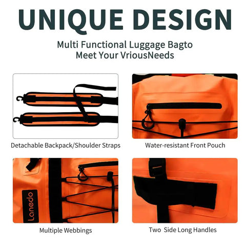 80L Dry Bag Waterproof Roll Top Go To Adventure Ready Duffel with detachable straps, front pouch, webbing, and handles, orange color.