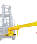 Heavy Duty Forklift Jib Boom Crane With Dual Hooks And Smooth 0 To 75 Degree Tilt Hella Tough 6600 Pound Capacity Attachment mounted on a forklift.