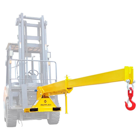 Heavy Duty Forklift Jib Boom Crane With Dual Hooks And Smooth 0 To 75 Degree Tilt Hella Tough 6600 Pound Capacity Attachment mounted on a forklift.