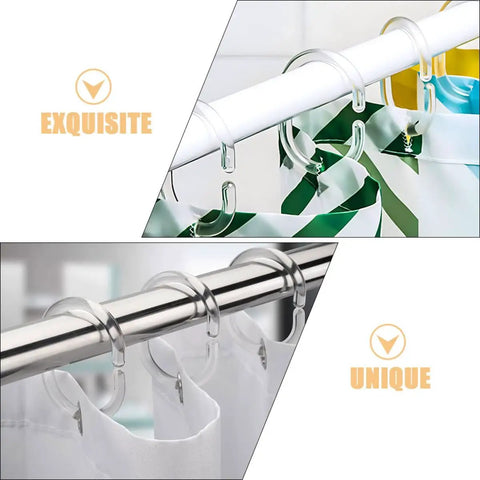 48 Pack Plastic Shower Curtain Hooks For Bathroom Rods, Smooth Glide Curtain Hangers seen on white and silver rods with curtains