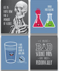 Science Pun Room Decor Set Of 4 Nerdy Lab Wall Art Prints 8x10 Unframed featuring skeleton, beakers, water, and chemistry pun designs