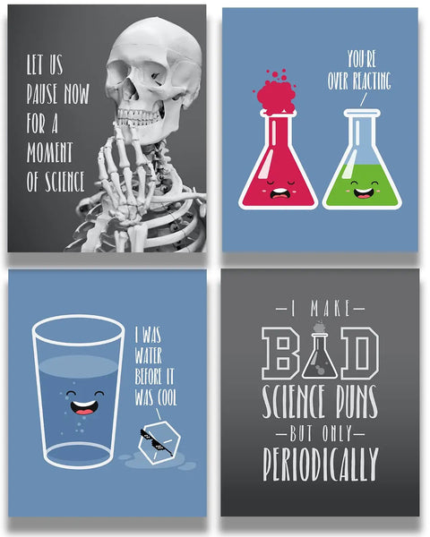 Science Pun Room Decor Set Of 4 Nerdy Lab Wall Art Prints 8x10 Unframed featuring skeleton, beakers, water, and chemistry pun designs