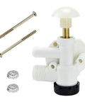Heavy Duty RV Toilet Water Valve Kit Replacement For Pedal Flush Campers And RV Trailers Featuring Broad Fitment Specs showing valve with screws and mesh filters.